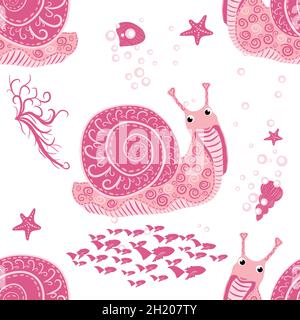 Schnecke rosa, Seebewohner nahtlose Muster, schöner Charakter zwischen Muscheln, Algen, Seesterne, Meerestiere der Tierwelt. Stock Vektor