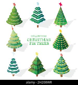 Sammlung von isometrischen Weihnachtsbäumen mit Girlanden, Schneekappen, Flaggen und Sternen. Vektorgrafik. Satz von weißen 3D-Symbolen. Frohes Neues. Stock Vektor