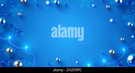 Weihnachtsdekorationen Layout Girlande und Konfetti. Winter, Neujahr Urlaubskonzept als Draufsicht, Copyspace. Grußkartenvorlage. Vektorgrafik Stock Vektor