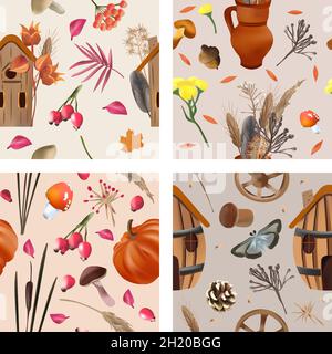 Herbst nahtlose Muster mit Herbstblättern, Kürbisse, Pinienkegel, Pilze, trockene Kräuter, Beeren und Eicheln. Endlose Textur für Ihr Design. Vektorgrafik. Stock Vektor