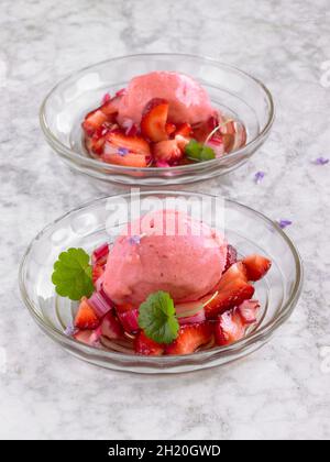 Erdbeereis mit Erdbeer- und Rhabarberkompott und gemahlenem Efeu Stockfoto