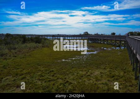 The Life of the Marsh Trail, eine erhöhte Holzpromenade, die um ein Sumpfgebiet an der Bucht in der Assateague Island National Seashore, Berlin, Maryl, führt Stockfoto