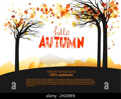 Saisonale Landschaft Hintergrund mit Ahorn Herbst Ahornblätter. Silhouette von Baumstämmen und fallenden Blättern. Platz für Text Stock Vektor
