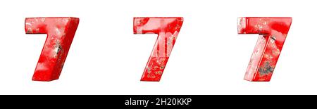 Nummer 7 (Sieben) aus dem Red Scratched Metallic Numbers Collection Set. Isoliert. 3D-Rendering Stockfoto