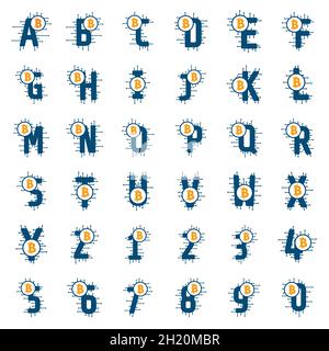 Satz digitaler Bitcoin-Netzwerkbuchstaben und -Nummern. Technologie Alphabet Vektor Clip Art. Stock Vektor