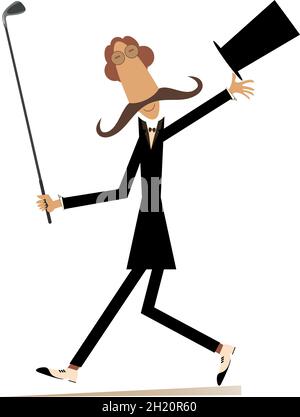 Langer Schnurrbart Mann in der Hut geht Golf Illustration spielen. Walking Cartoon langen Schnurrbart Gentleman in der Hut hält einen Golfschläger isoliert auf Stock Vektor