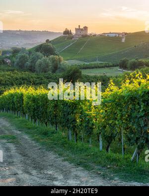 Das schöne Schloss von Grinzane und seine Weinberge bei Sonnenuntergang, in der Langhe Region des Piemont, Italien. Stockfoto