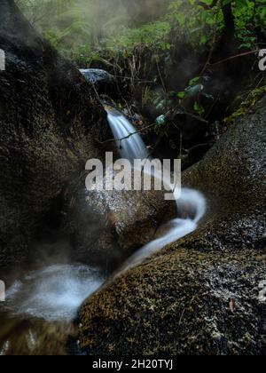 Vertikale Aufnahme eines kleinen Wasserfalls im Wald mit Wasser, das die Felsen herunterfällt Stockfoto