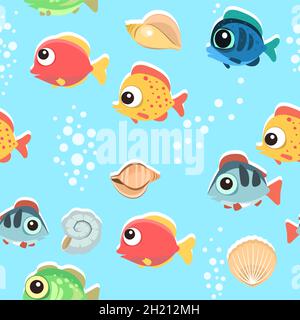 Lustige lustige Fische. Den Boden des Behälters. Meer. Blasen. Unterwasserlandschaft mit Pflanzen, Algen und Korallen. Nahtlos. Abbildung in Stock Vektor