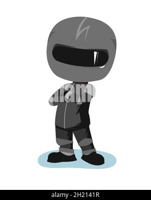 Motorradfahrer in einer schwarzen Jacke und Helm. Bikeruniform. Stehend. Cartoon-Stil. Witziger Charakter. Flaches Design. Isoliert auf weißem Hintergrund. Vektor Stock Vektor