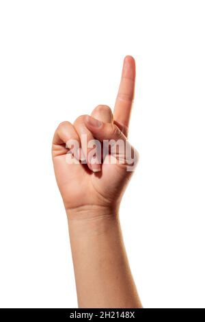 Fingerbewegung zeigt nach oben. Isoliert auf weißem Hintergrund. Gebärdensprache macht den Buchstaben z. Finger zeigt Hand. Stockfoto