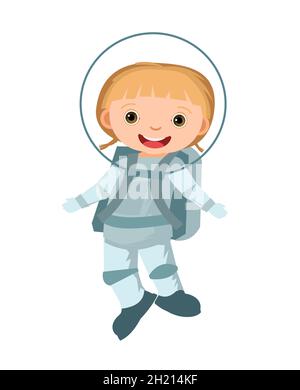 Kind Astronaut in einem Raumanzügen. Kind. Illustration für Kinder. Kleines Mädchen. Flacher Style. Cartoon-Design. Isoliert auf weißem Hintergrund. Vektor Stock Vektor