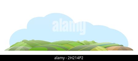 Ländliche verschiedene Hügel. Farm nette Landschaft. Lustige Cartoon Design Illustration. Flacher Style. Isoliert auf weißem Hintergrund. Sommerhimmel. Vektor. Stock Vektor