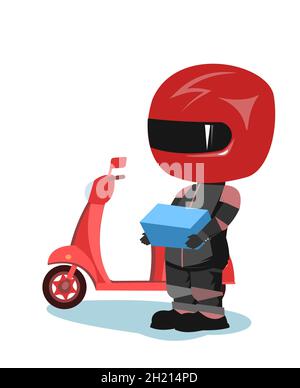 Motorroller-Fahrer. Biker-Cartoon. Abbildung für Kinder. Lieferung. In einer Sportuniform und einem roten Helm. Cooler Motorradfahrer. Isoliert auf weißem Hintergrund Stock Vektor