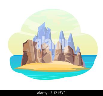 Insel im Meer. Cartoon-Stil. Blaues ruhiges Meer. Flache Abbildung. Isoliert auf weißem Hintergrund. Felsen und Klippen. Vektor. Stock Vektor