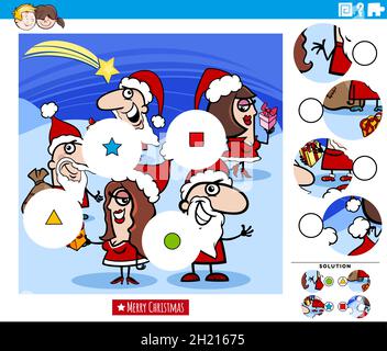 Cartoon Illustration von pädagogischen Spiel die Stücke Puzzle-Aufgabe mit glücklichen Menschen Charaktere Gruppe auf Weihnachten Zeit Stock Vektor