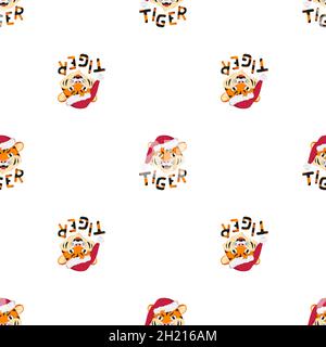 Nahtloses Muster mit glücklichem Tiger, Symbol des neuen Jahres in rotem Weihnachtsmann Hut. Druck für die Feiertagsdekoration mit orange gestreiftem Schriftzug Stock Vektor
