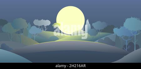 Silhouette Nachtlandschaft. Großer Mond. Mondschein. Dunkelheit. Cartoon-Stil. Hügel mit Gras und Bäumen. Dunkel. Cool romantisch hübsch. Flaches Design Stock Vektor