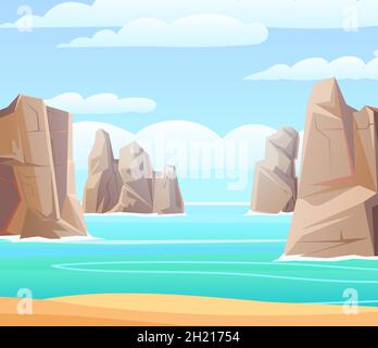 Felsen im nebligen Meer. Klippen im Meerwasser. Sandstrand mit Surflinie. Illustration einer Seestücke im flachen Stil. Vektor. Stock Vektor