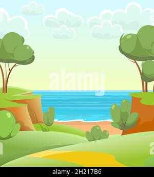 Strand am Meer. Sommerlandschaft. Weit weg ist der Ozeanhorizont. Straße und Blick vom Hügel. Ruhiges Wetter. Flache Illustration. Vektor. Stock Vektor