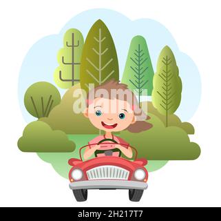 Kinderausflug in einem kleinen Auto. Kid girl fährt ein Pedal oder elektrisches Spielzeug Auto. Cartoon-Illustration. Isoliert. Sommer ländliche Landschaft. Vektor Stock Vektor