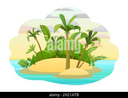 Sandy Island im Meer. Cartoon-Stil. Blaues ruhiges Meer. Flache Abbildung. Dschungelpalmen. Isoliert auf weißem Hintergrund. Vektor. Stock Vektor