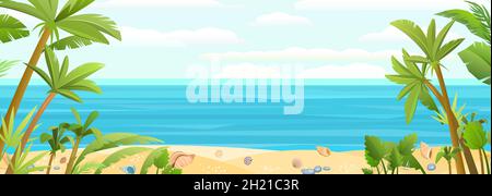 Strand am Meer. Sommerlandschaft. Weit weg ist der Ozeanhorizont. Ruhiges Wetter. Muscheln und Palmen. Flache Illustration. Vektor. Stock Vektor