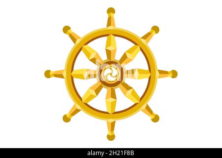 Goldenes Dharma-Rad. Das heilige Symbol des Buddhismus. Dharmachakra. Vektordarstellung auf weißem Hintergrund isoliert Stock Vektor