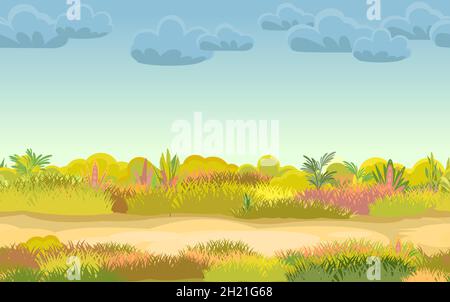 Die Straße durch die Wiese. Herbstwiese. Nahaufnahme des Grases. Stark bewölkt. Ungeschnittener Rasen. Trail. Cartoon-Stil. Flaches Design. Nahtlose Illustration Stock Vektor