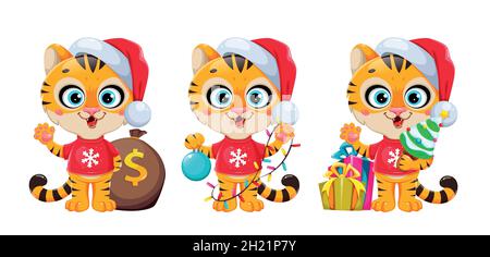 Frohe Weihnachten. Niedliche Zeichentrickfigur Tiger in Santa Hut, Satz von drei Posen. Vektorgrafik auf weißem Hintergrund Stock Vektor