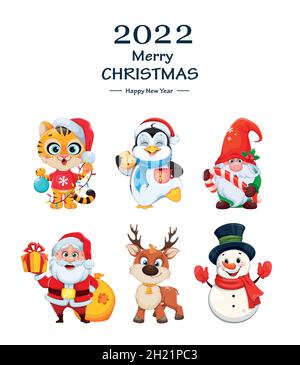 Frohe Weihnachten und Frohes neues Jahr. Niedliche Comic-Figuren für den Urlaub. Kleiner Tiger, Pinguin, Zwerg, Weihnachtsmann, Hirsch und Schneemann. Bestandsvektor il Stock Vektor