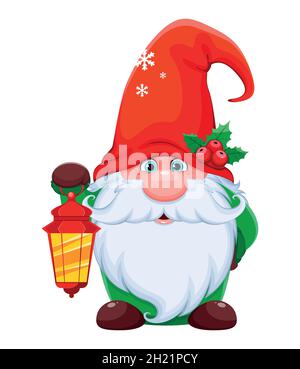 Lustiger Zwerg, der Laterne hält. Niedlichen Zwerg in roten Hut Cartoon-Charakter. Frohe Weihnachten und Glückwünsche zum neuen Jahr. Vektorgrafik für Aktien Stock Vektor
