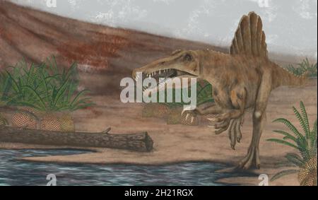 Wissenschaftler Illustration, Spinosaurus auf kreidezeit Landschaft. Prähistorische Erholung. Stockfoto