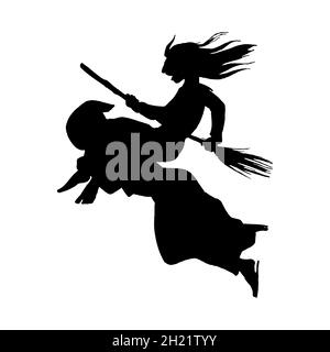 Hexe fliegt mit einem Besen und einem Zauberer. Uralte mythische magische Silhouette. Einfarbige Skizze mit Gravur. Handgezeichnete Vintage alte Fortune Illustration. Stock Vektor