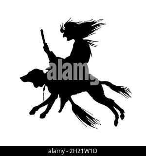 Hexe fliegt mit einem Besen und einem Hund. Uralte mythische magische Silhouette. Einfarbige Skizze mit Gravur. Handgezeichnete Vintage alte Fortune Illustration. Stock Vektor