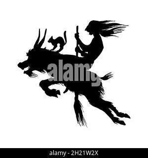 Hexe fliegt mit einem Besen und einer Ziege. Uralte mythische magische Silhouette. Einfarbige Skizze mit Gravur. Handgezeichnete Vintage alte Fortune Illustration. Stock Vektor