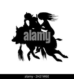 Hexe fliegt mit einem Besen und einem Wildschwein. Uralte mythische magische Silhouette. Einfarbige Skizze mit Gravur. Handgezeichnete Vintage alte Fortune Illustration. Stock Vektor