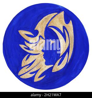 Jungfrau-Sternzeichen-Symbol. Aquarell-Illustration.das Sternzeichen-Symbol. Astrologie. Rasterbild Sternzeichen Jungfrau auf blauem Hintergrund Stockfoto