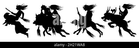 Hexe fliegt mit einem Besen und einem Hund, einer Ziege und einem Wildschwein. Uralte mythische magische Silhouette. Einfarbige Skizze mit Gravur. Handgezeichnetes altes Fortune-Vintage-Spiel Stock Vektor