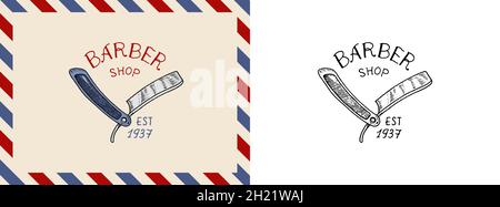 Rasiermesser. Barbier-Logo und -Label, Logo und Hipster-Embleme. Haarschnitt von Bart und Schnurrbart. Werkzeuge für man Icon. Eingraviert von Hand in alt gezeichnet Stock Vektor
