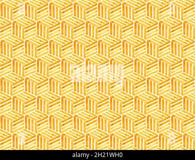 3D-Modell eines gelben Würfels. Geometrische Texturen mit optischem Illusionseffekt. Isoliert auf Weiß. Stockfoto
