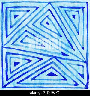 Blauer dreieckiger geometrischer Hintergrund. Trendige abstrakte Nahtlosmuster mit geometrischen Formen und Streifen. Aquarell. Stockfoto