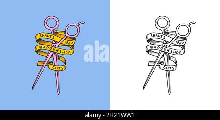 Schere und Band. Barbier-Logo und -Label, Logo und Hipster-Embleme. Haarschnitt von Bart und Schnurrbart. Scheren oder schneiden. Werkzeuge für man Icon Stock Vektor
