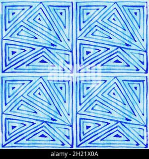 Blauer Dreiecke Hintergrund. Abstraktes geometrisches Muster. Nahtloser geometrischer Hintergrund. Aquarell Indigo dekorative Vorlage. Stockfoto