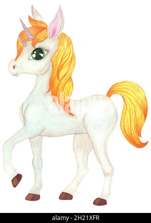 Einhorn-Pony mit großen Augen auf weißem Hintergrund, langes Haar (Mähne, Schwanz), handgezeichnete Zeichentrickfigur. Isoliert auf weißem Hintergrund. Kinderkranke Stockfoto