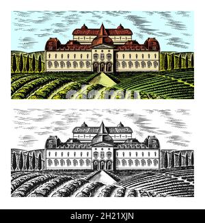 Schöner Blick auf die Weinberge. Felder und Hügel der Toskana. Panorama-Weinanbaugebiet und ein Schloss oder Palast. Französische oder italienische Landschaftsgravur. Hand Stock Vektor