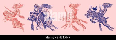 Die Hexe fliegt mit einem Besen und einem Hund, einer Ziege und einem Wildschwein. Uralte, mystische Zauberfiguren gesetzt. Gravierte monochrome Skizze. Handgezeichneter alter Jahrgang Stock Vektor