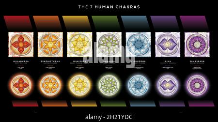 7 Chakra-Symbole mit Affirmationen für Meditation und Energieheilung. Stockfoto