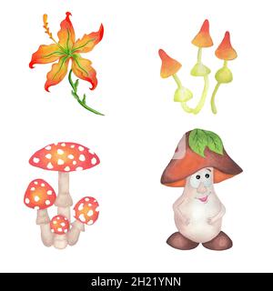 Satz von Comic-Figuren. Pilze, Fliegenpilze und rote Blume. Isoliert auf weißem Hintergrund. Handgezeichnete Aquarellillustration für Kinder. Stockfoto