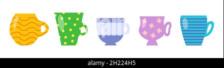 Tee- und Kaffeetassen und Tassen mit Drucken und Mustern. Die Objekte sind mit Blumen, Tupfen, Streifen verziert. Seitenansicht. Cartoon-Stil. Unterschiedliche Formen. Vektorgrafik Stock Vektor
